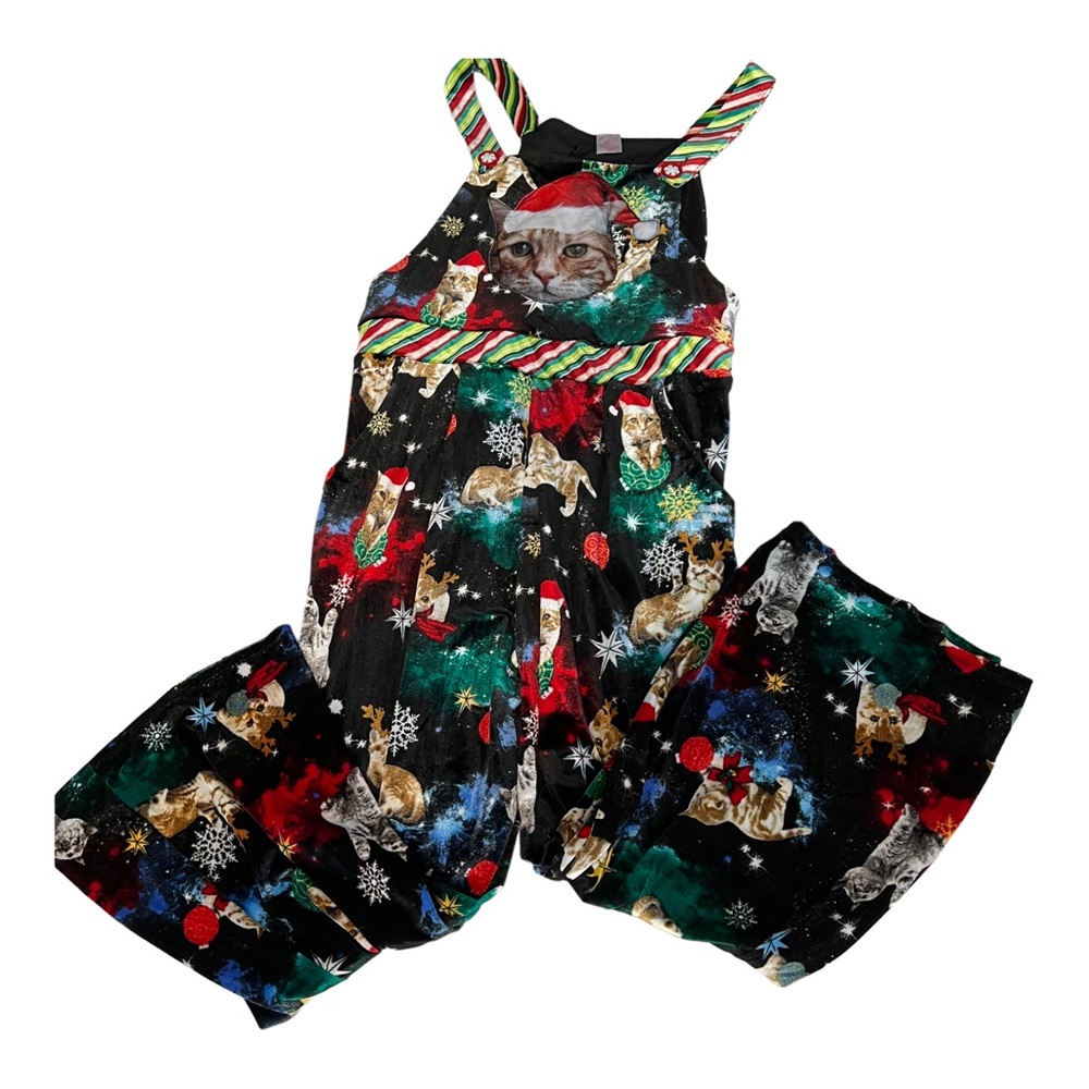 Festive Cat Print Overalls Plus SIZE